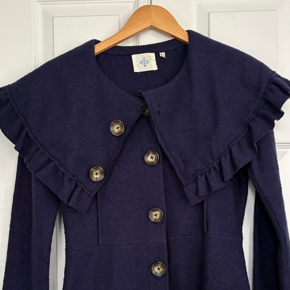 Navy Ruffled Button-Up Coat - Picture 2 of 7
